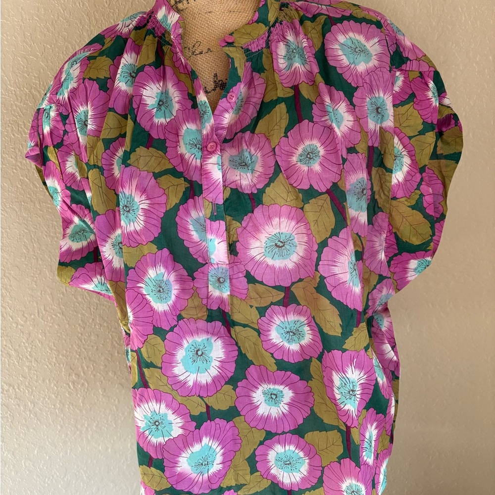 NWT Color Block Vibrant Floral Blouse - Pink and Green